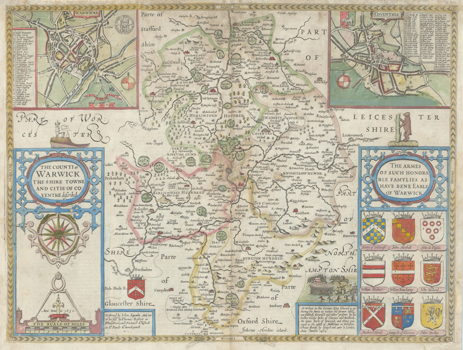 Counti of Warwick. Shire/county map by John Speed. Bassett/Chiswell edition 1676